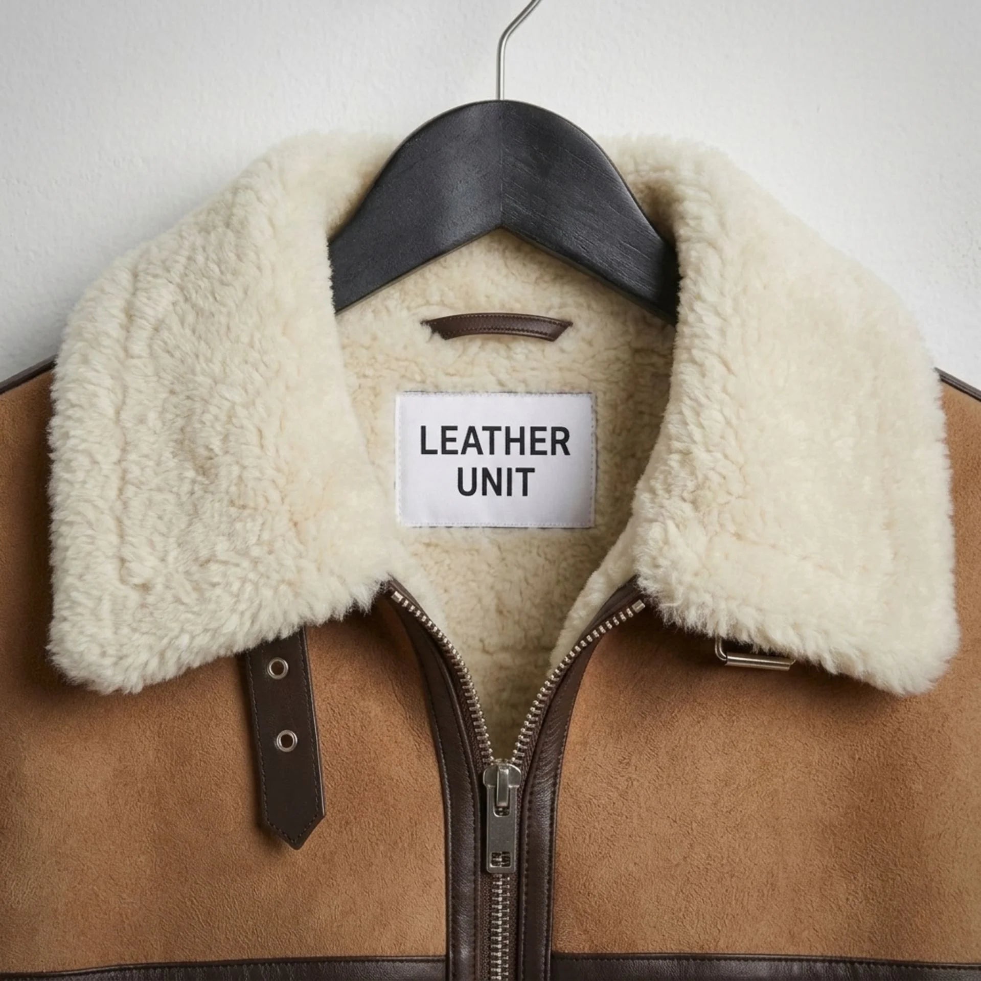 Close up of plush sherpa collar on Leather Unit brown aviator jacket