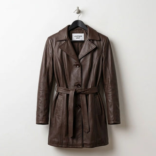 Front view of women’s brown leather belted coat by Leather Unit