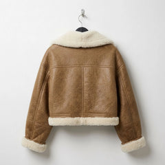 Back Side of Women’s brown cropped shearling aviator jacket