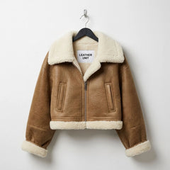 Front Side of Women’s brown cropped shearling aviator jacket