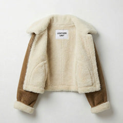 Women’s brown cropped shearling aviator jacket with Interior fur lining