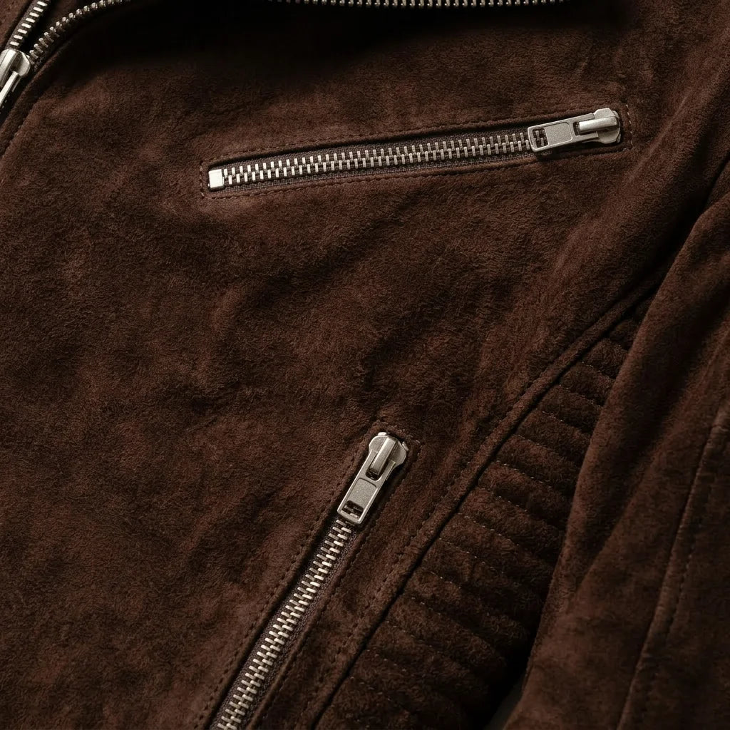 Close-up of chest and side zip pockets on men's brown suede leather biker jacket