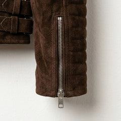 Sleeve zipper and quilted cuff detail on men's brown suede biker jacket