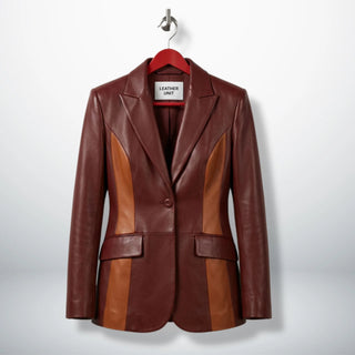 Front view of women’s burgundy and camel two‑tone lambskin leather blazer by Leather Unit