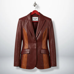 Front view of women’s burgundy and camel two‑tone lambskin leather blazer by Leather Unit