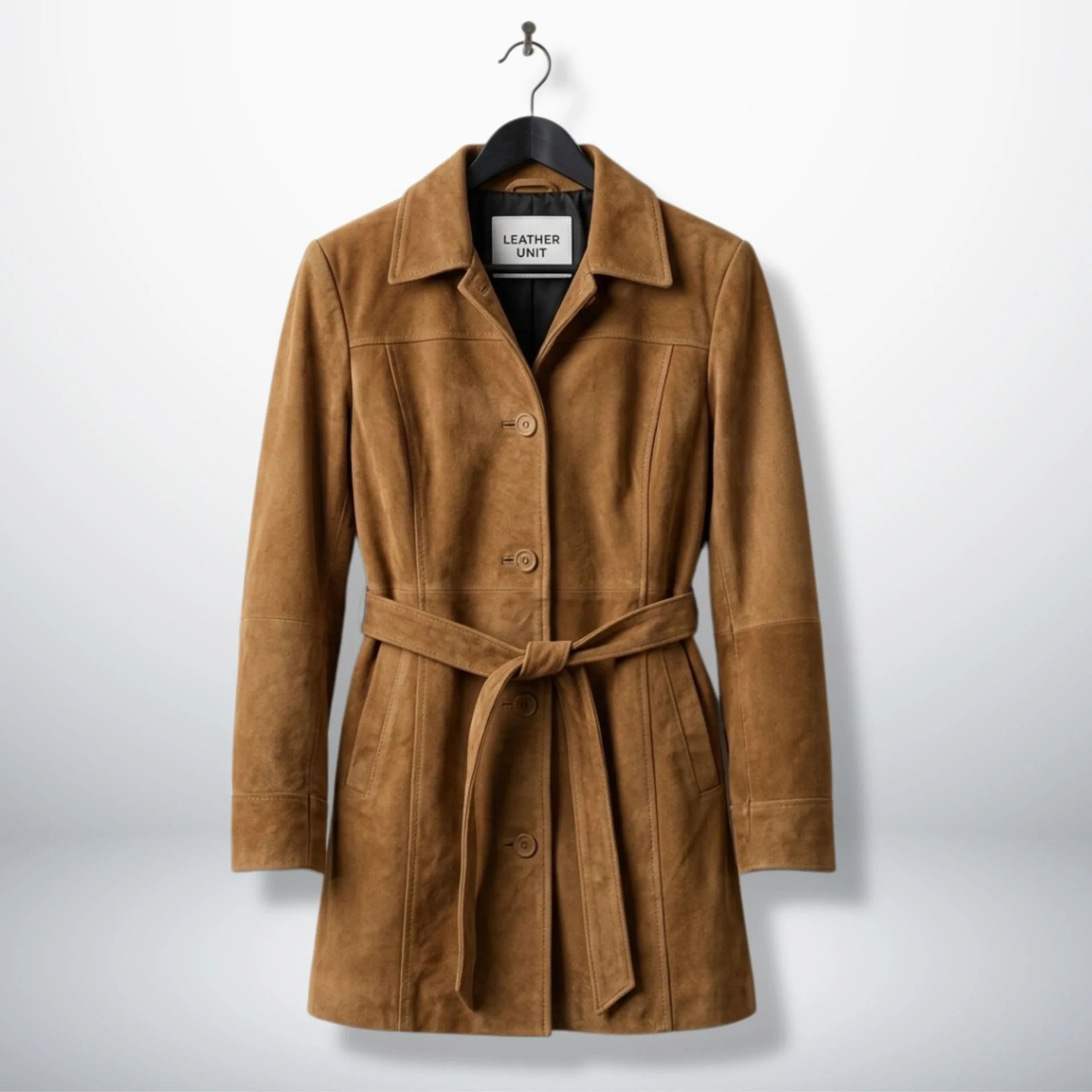 Front view of women’s camel brown suede belted coat by Leather Unit