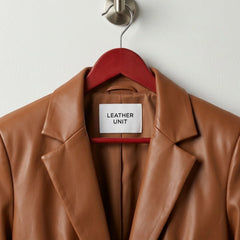 Close up of notched lapels and Leather Unit label on cognac leather blazer