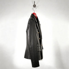 Side profile of structured double breasted black leather blazer for women