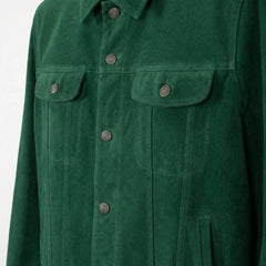 Chest flap pocket and snap button detail on men's green suede trucker jacket