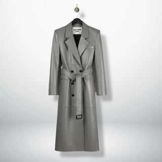 Front view of women’s double breasted grey leather trench coat by Leather Unit