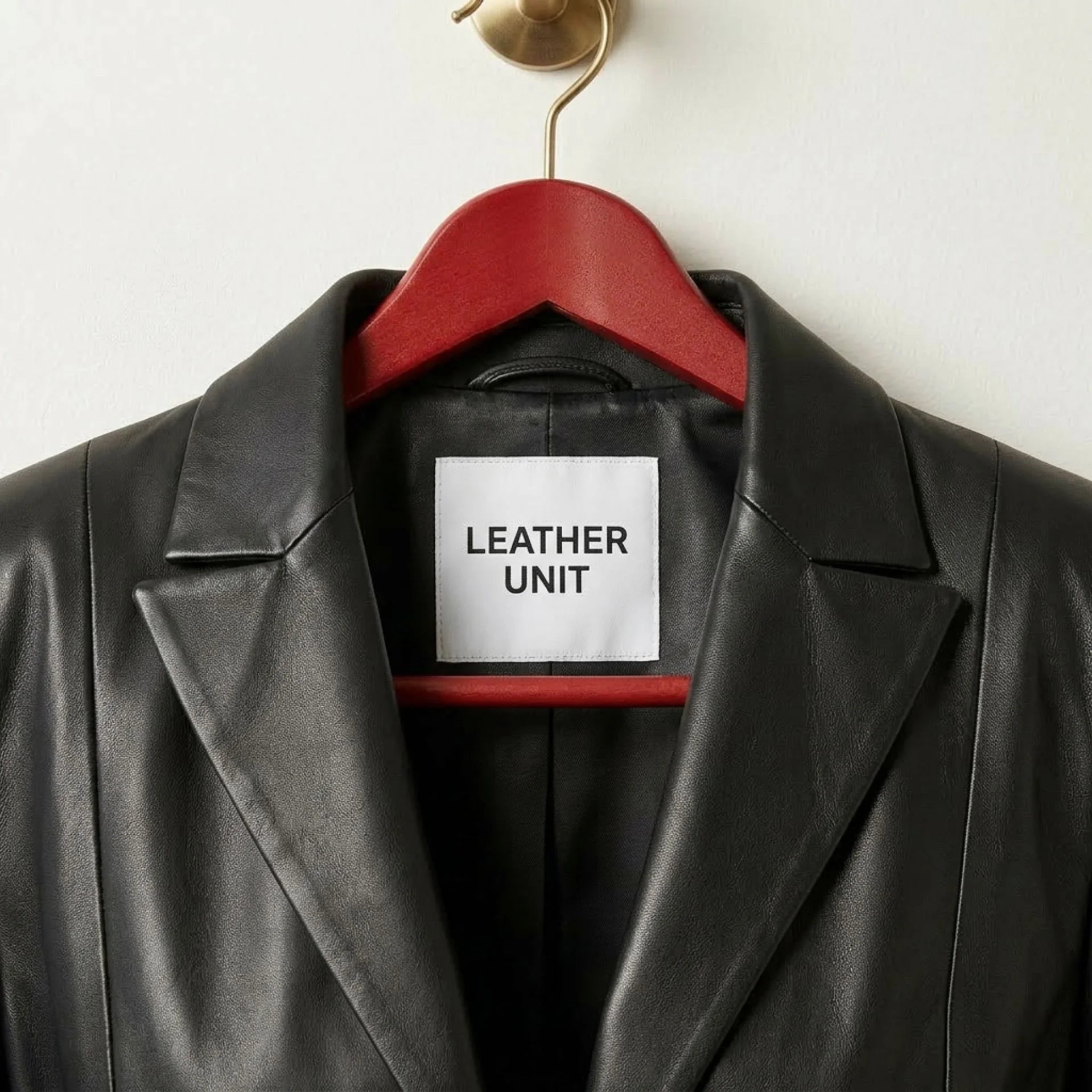 Close up of lapel collar and Leather Unit label on black leather blazer