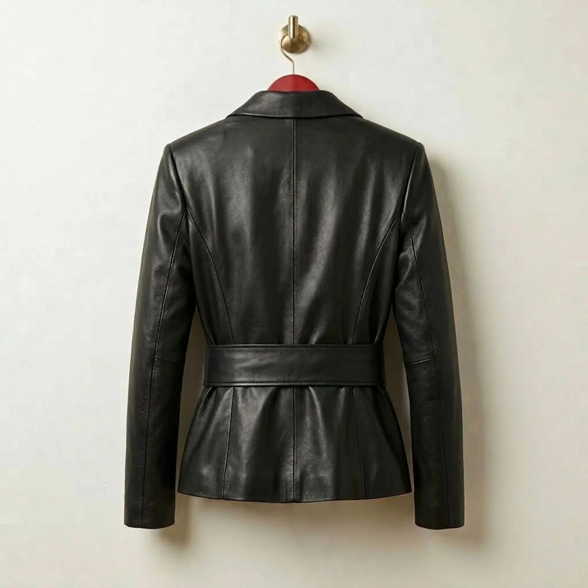 Back view of tailored black leather blazer for women with wide waist belt