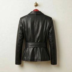 Back view of tailored black leather blazer for women with wide waist belt