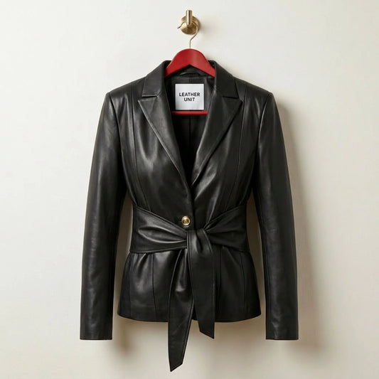 Front view of jet black belted women’s leather blazer jacket by Leather Unit
