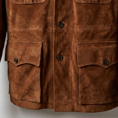 Front pocket and button detail on men's 4 pocket brown suede coat