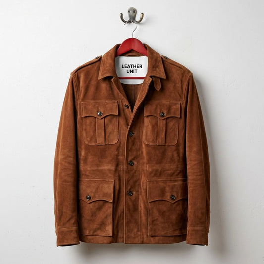 Front view of men's 4 pocket brown suede leather coat by Leather Unit