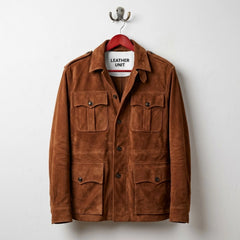 Front view of men's 4 pocket brown suede leather coat by Leather Unit
