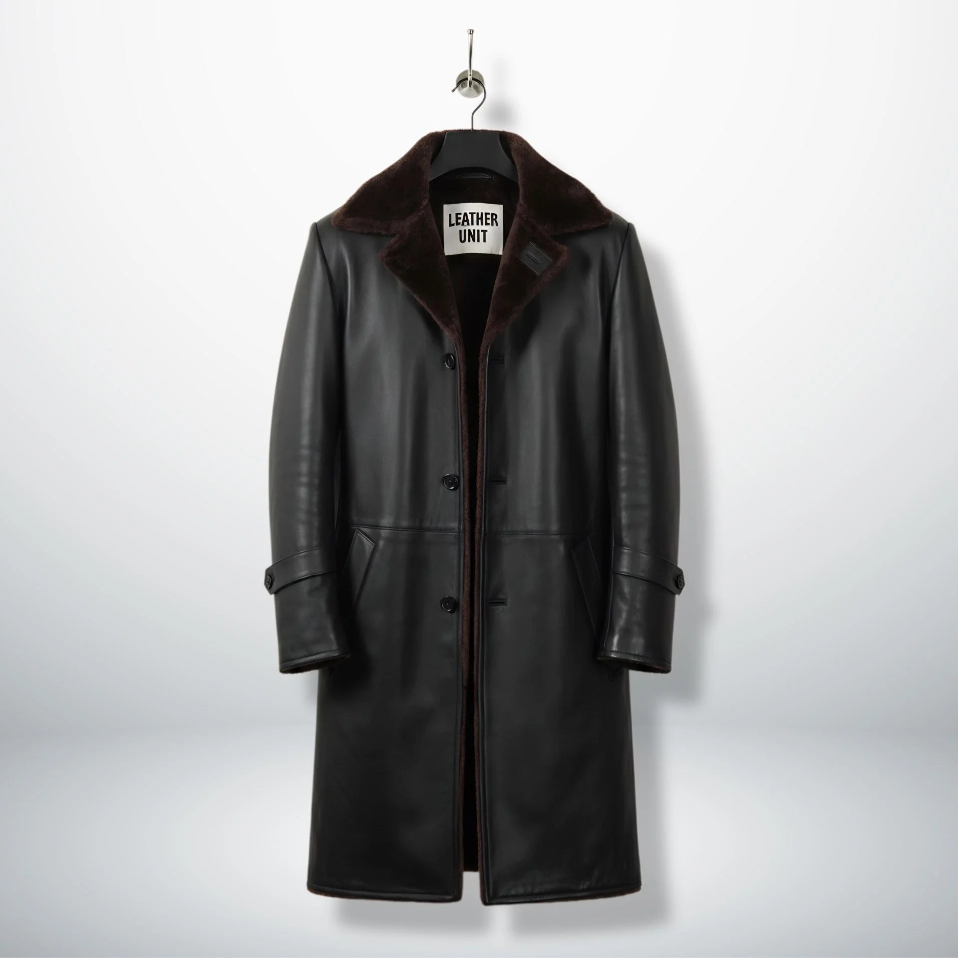 Front view of men’s black 3/4 length shearling leather coat by Leather Unit