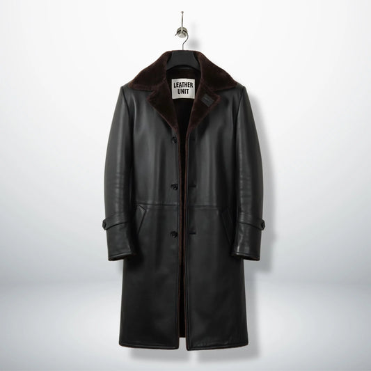 Front view of men’s black 3/4 length shearling leather coat by Leather Unit