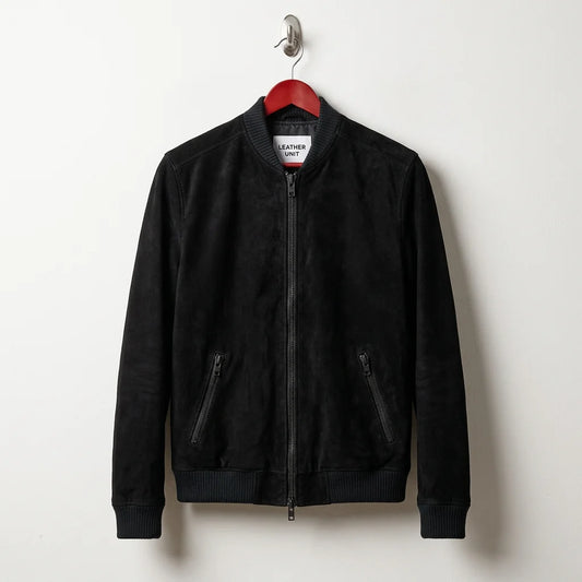 Front view of men's black suede leather bomber jacket by Leather Unit