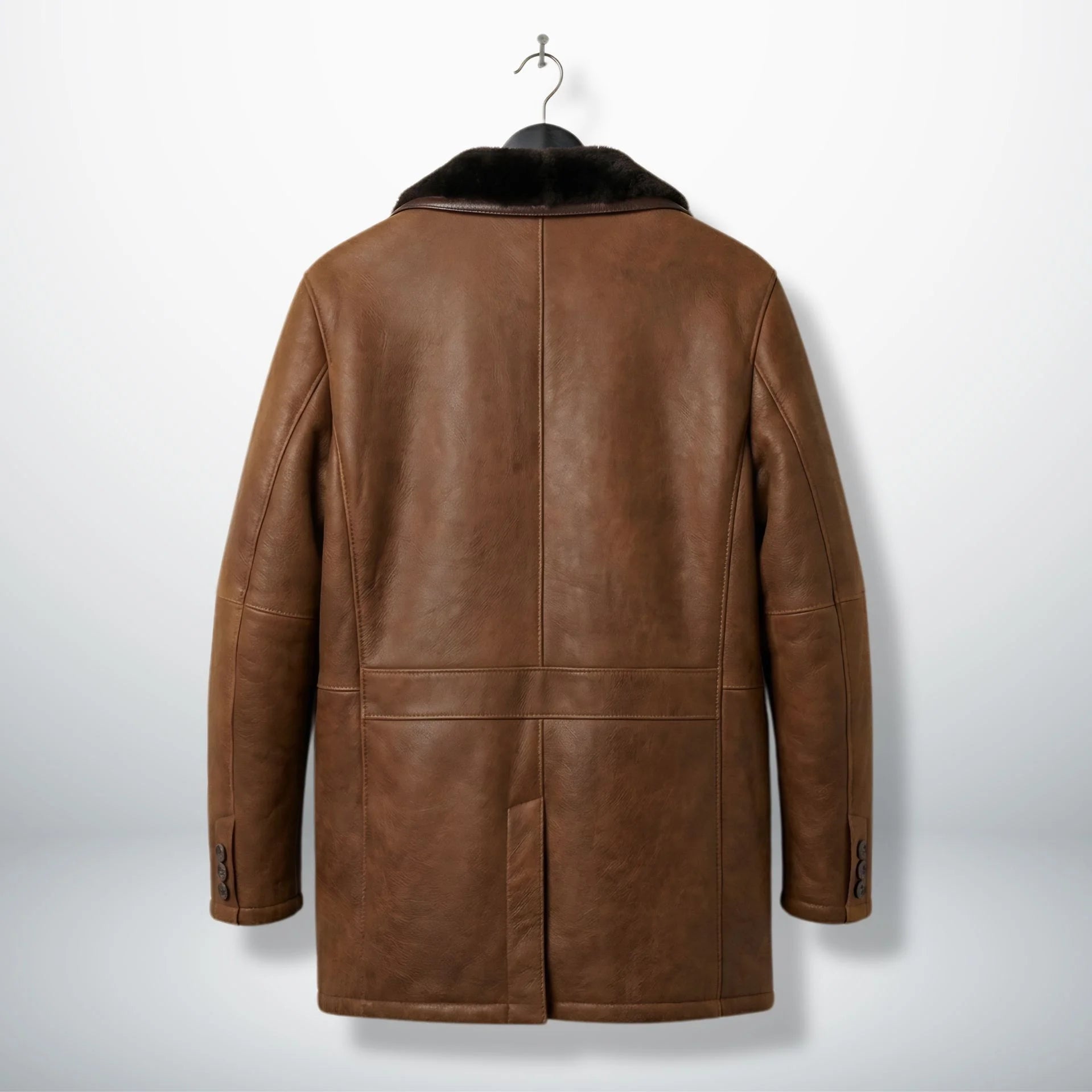 Back view of men’s brown leather shearling coat with simple seams