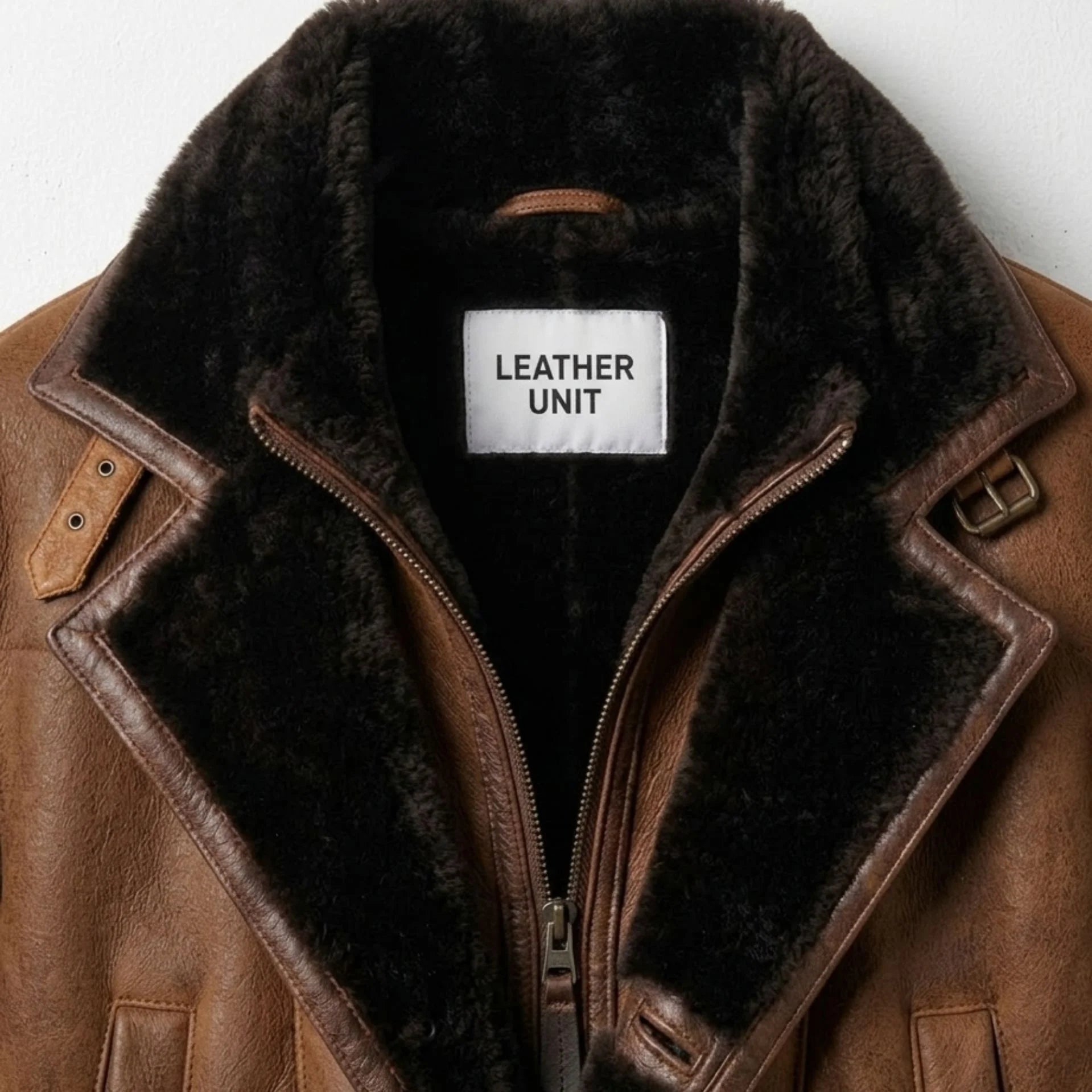 Close up of shearling collar, zipper and Leather Unit label on brown coat