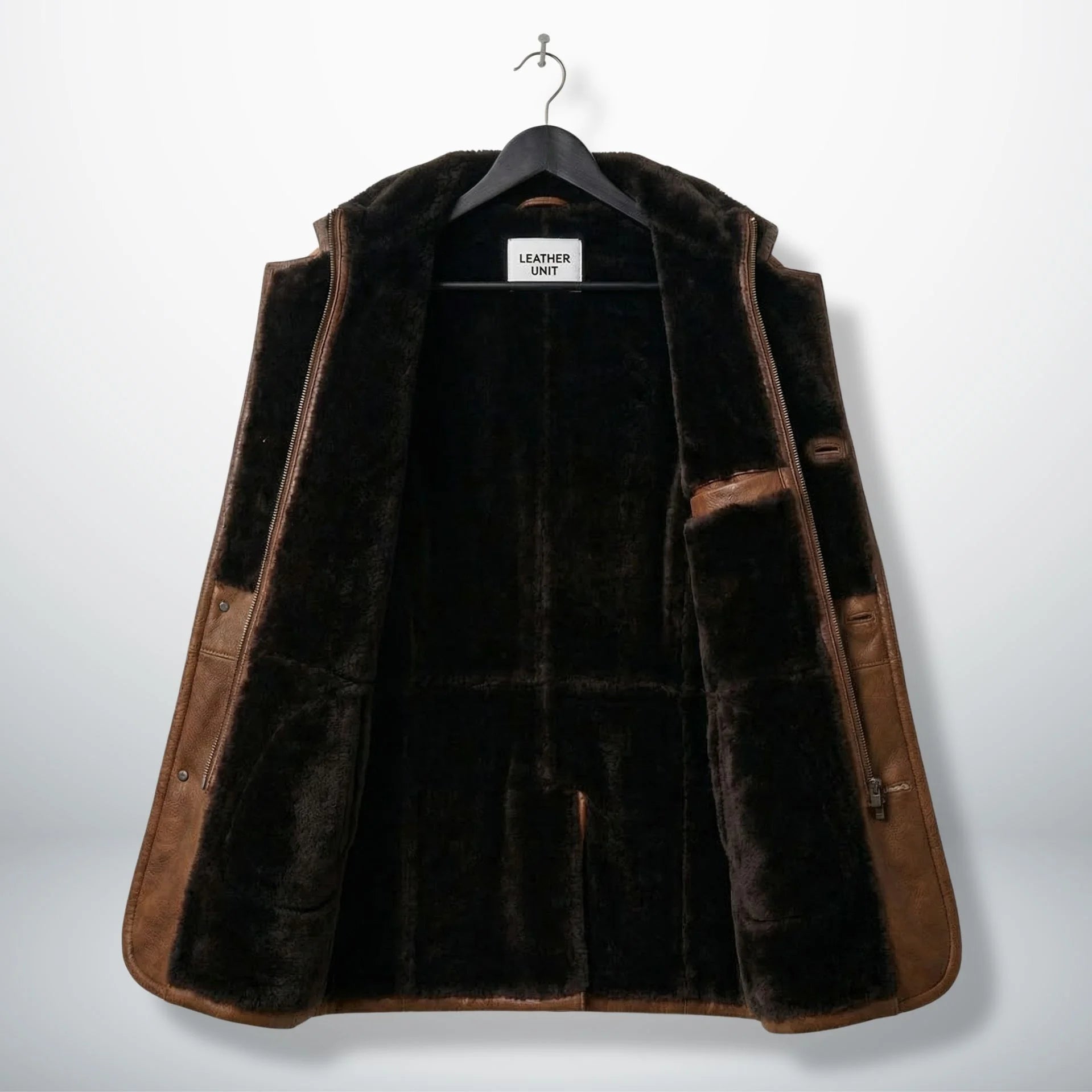 Inside view of fully fur lined brown shearling leather coat for men