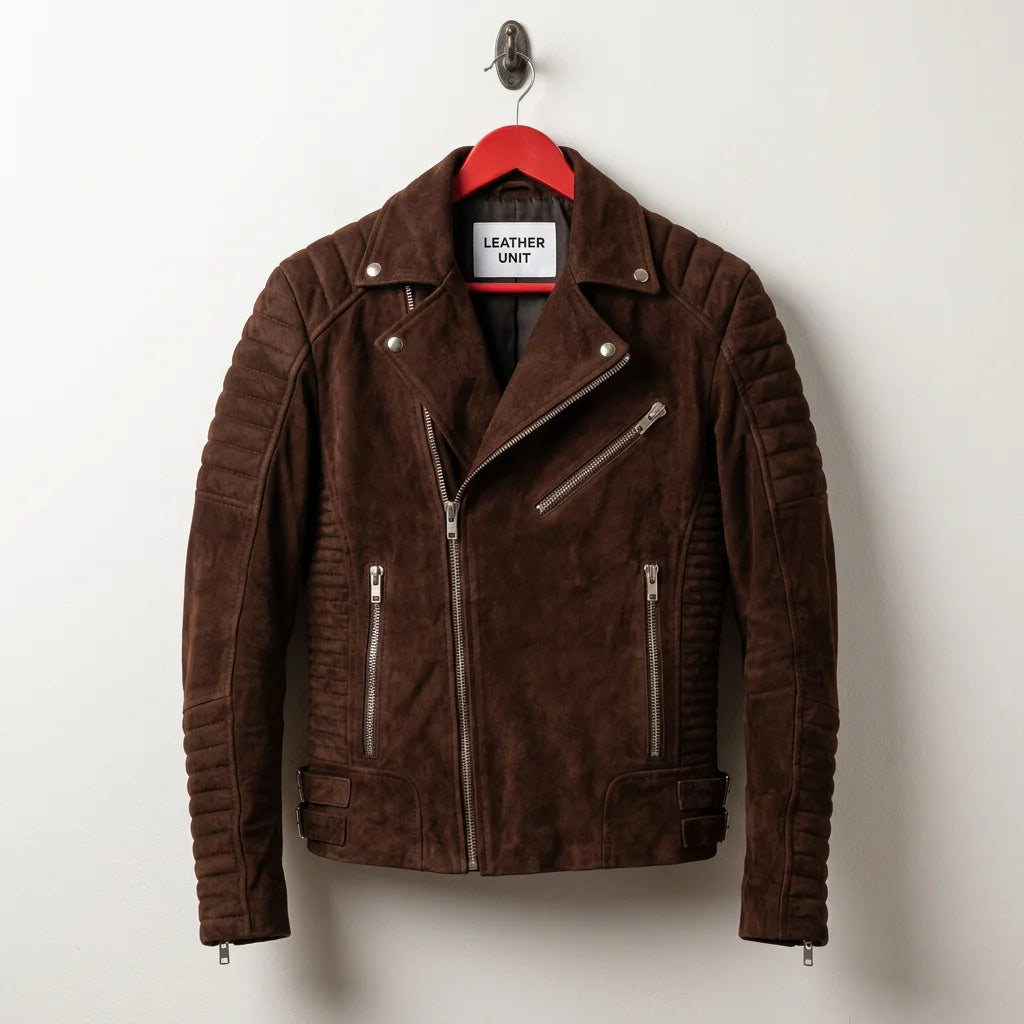 Front view of men's brown suede leather biker jacket with asymmetrical zipper