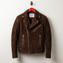 Front view of men's brown suede leather biker jacket with asymmetrical zipper