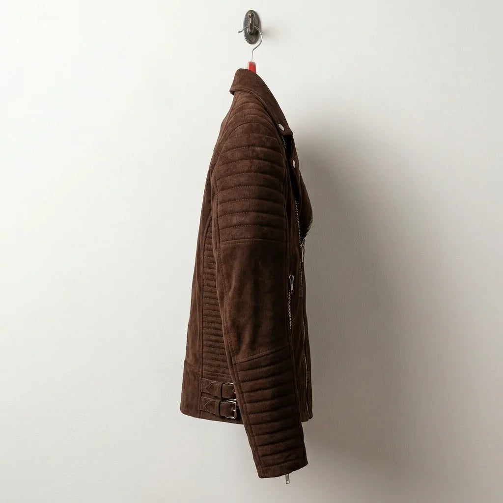 Side profile of men's brown suede biker jacket with quilted sleeves and buckles