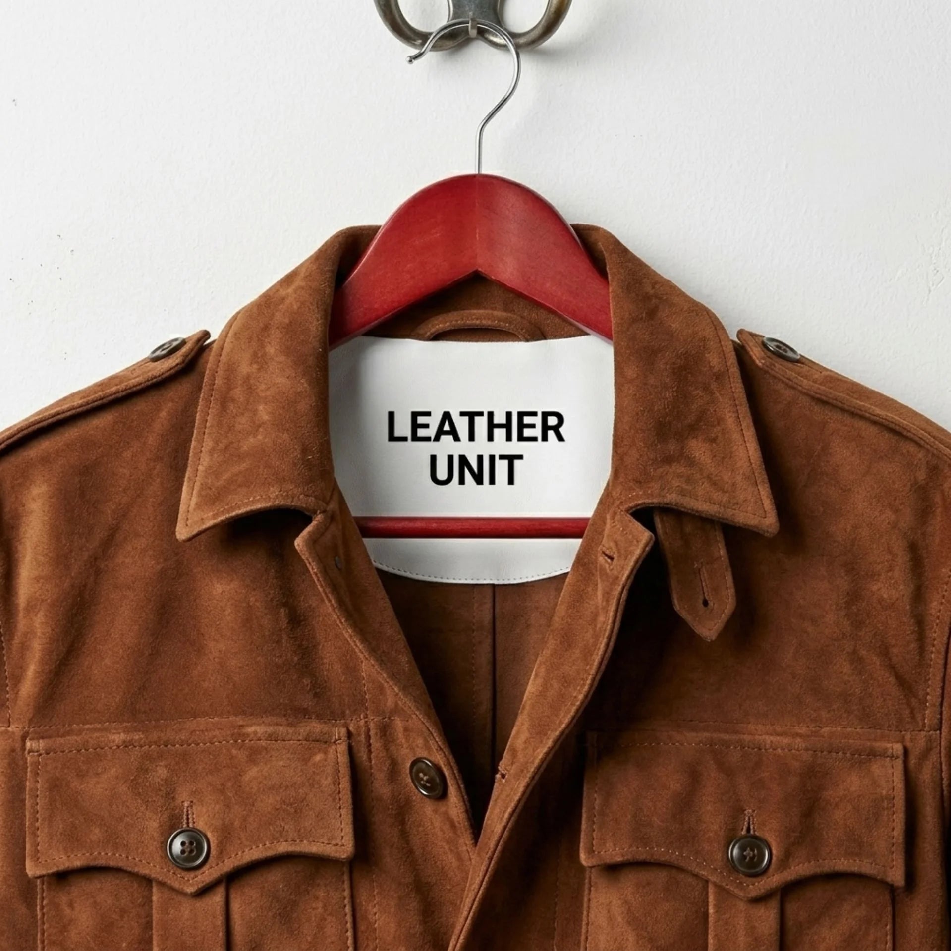 Close-up of collar and shoulder epaulettes on men's brown suede leather coat