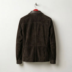 Back view of men's dark brown suede trucker jacket