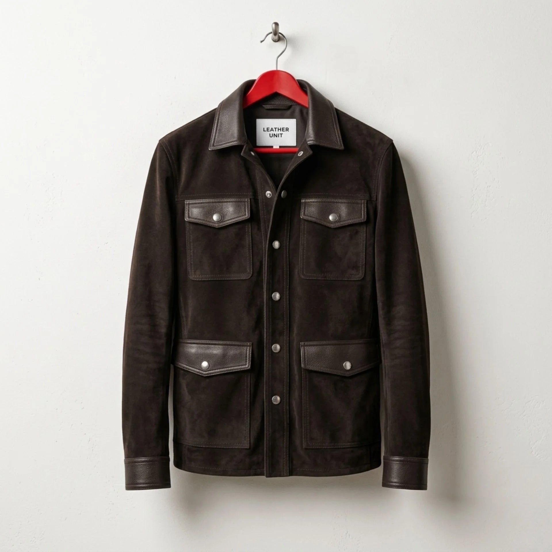 Front view of men's brown suede trucker jacket with leather trim by Leather Unit