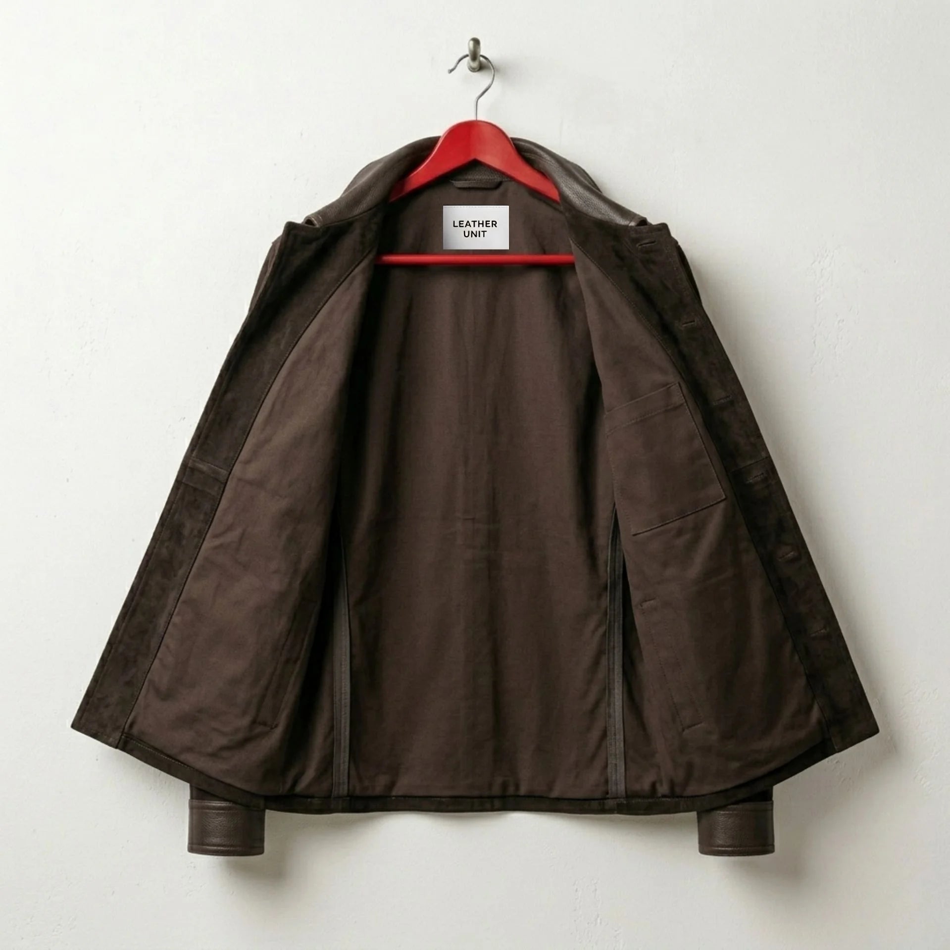 Interior lining of men's brown suede trucker leather jacket
