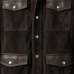 Front pocket and snap placket detail on men's brown suede trucker jacket