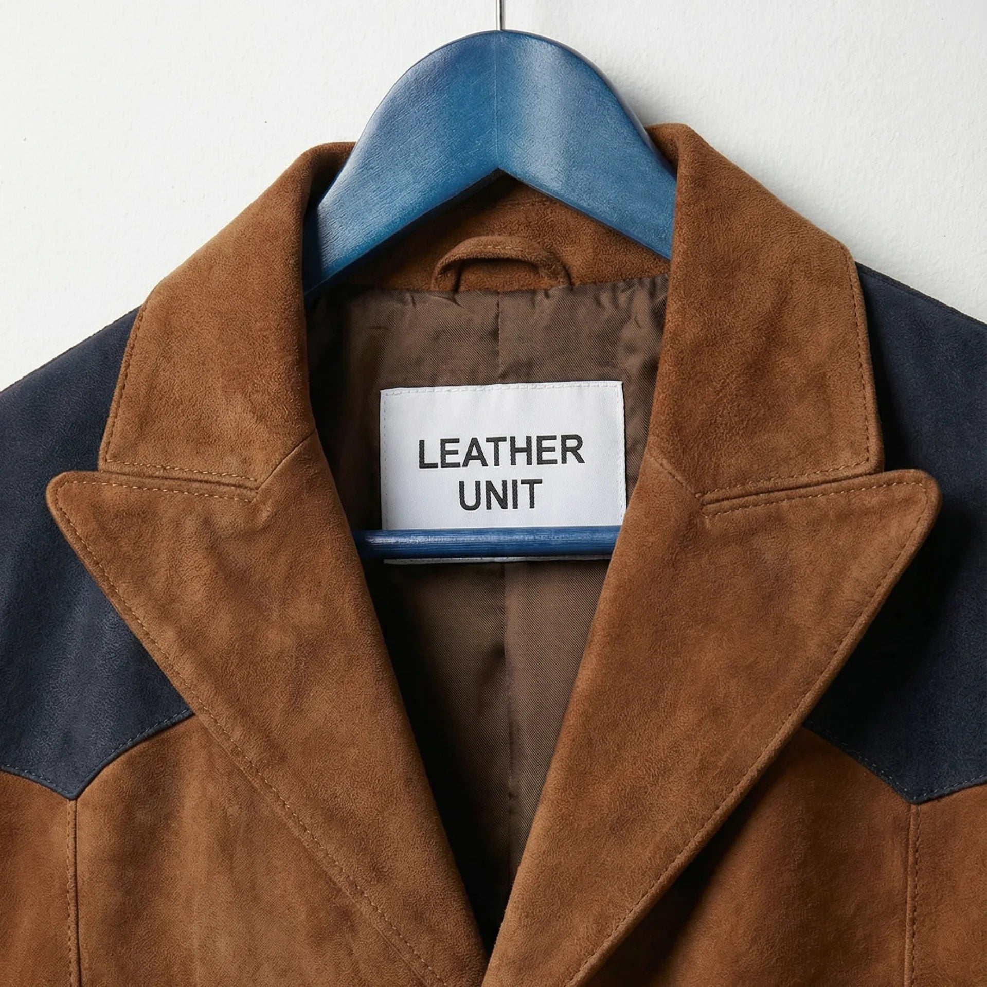 Close up of notch lapel and Leather Unit label on brown suede blazer