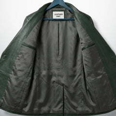 Inside lining of men’s green leather blazer showing inner pockets