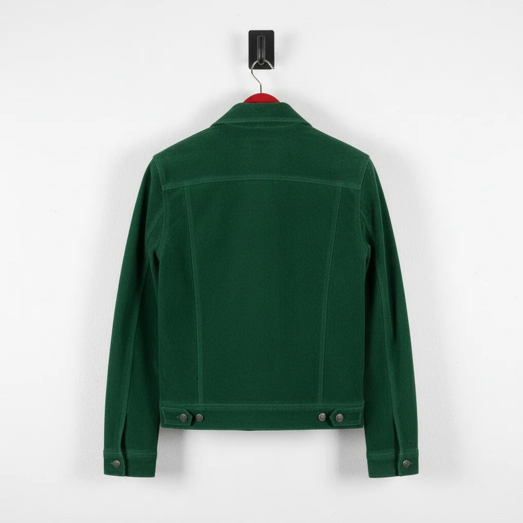 Back view of men's green suede trucker jacket with adjustable waist tabs