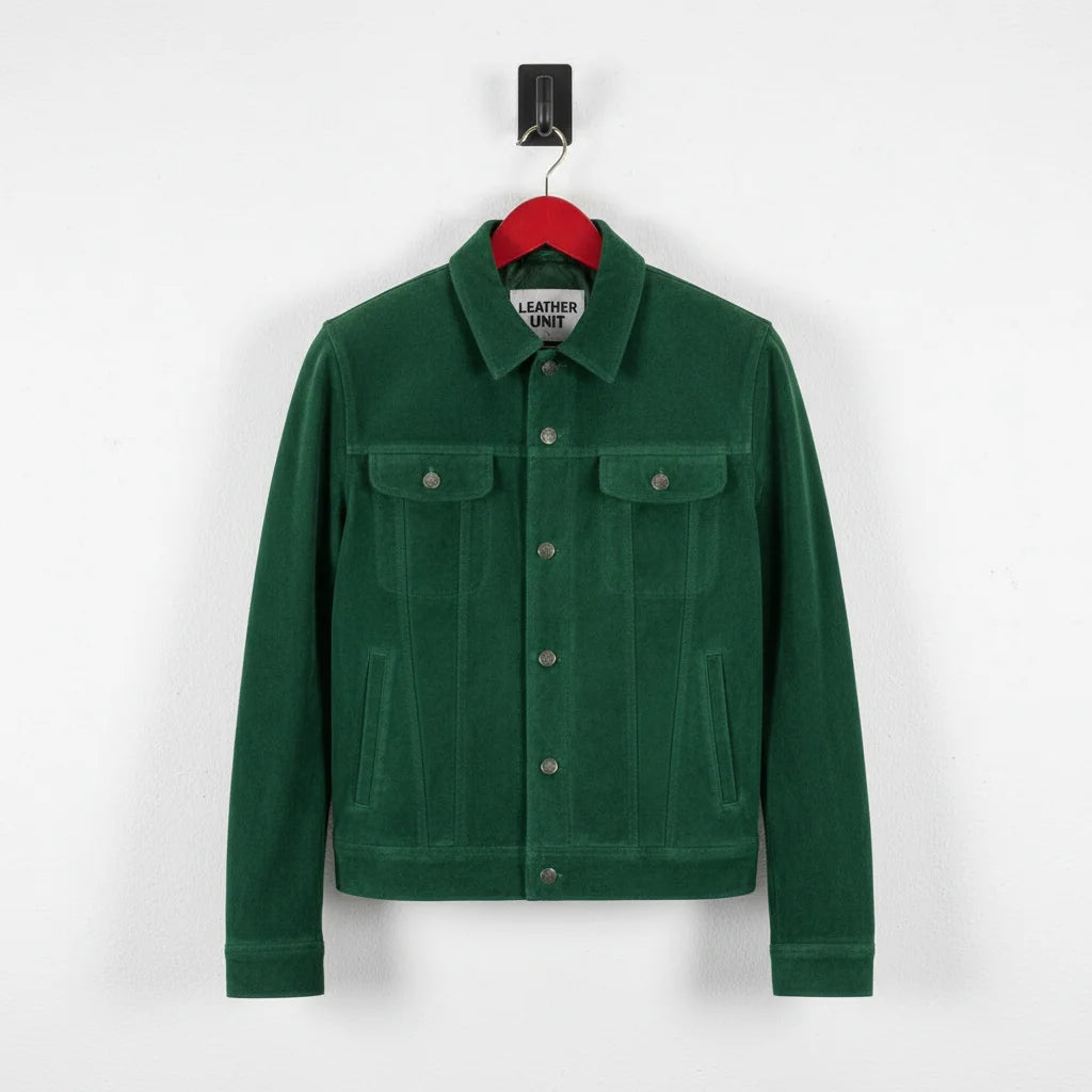 Front view of men's green suede trucker jacket by Leather Unit with snap buttons