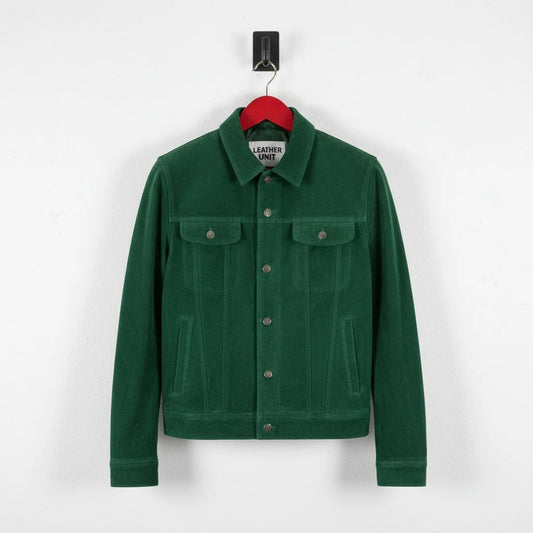 Front view of men's green suede trucker jacket by Leather Unit with snap buttons