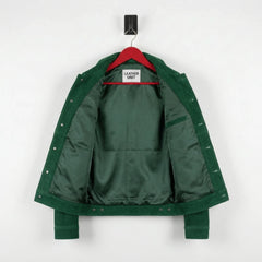 Interior green lining and inner pocket of men's green suede trucker jacket
