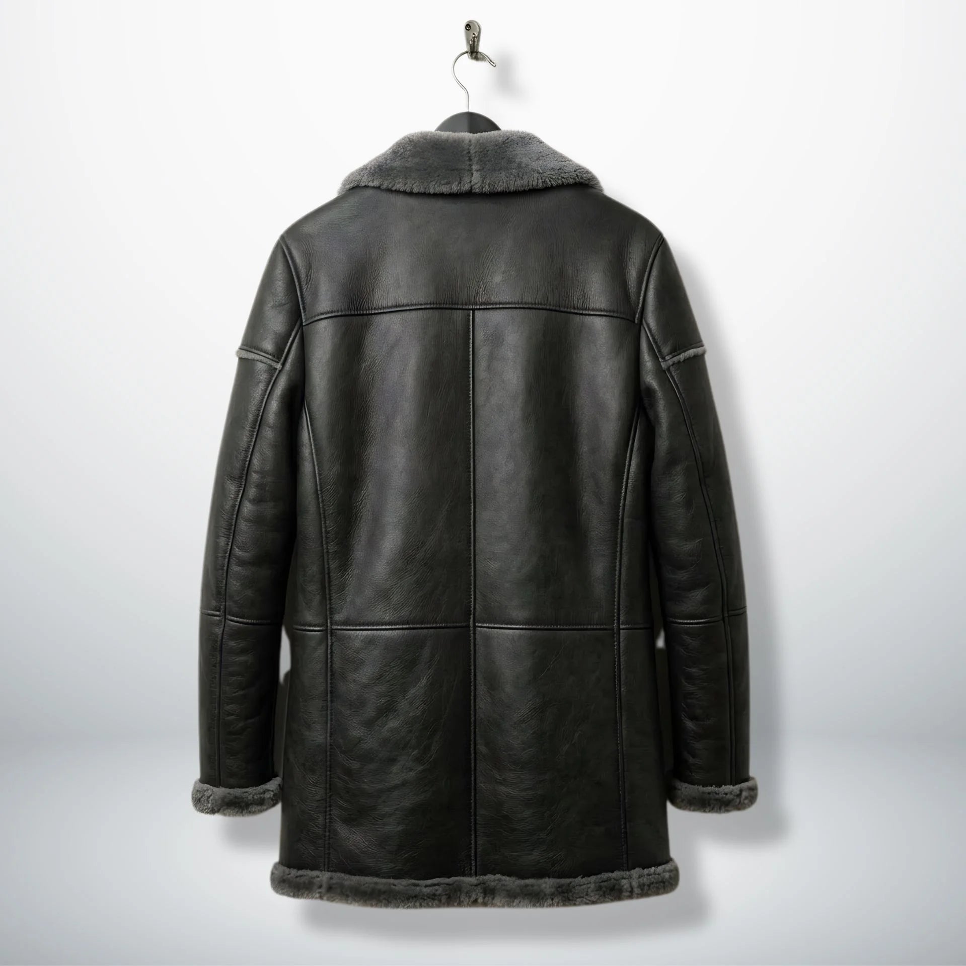 Back view of long men’s grey sheepskin shearling coat
