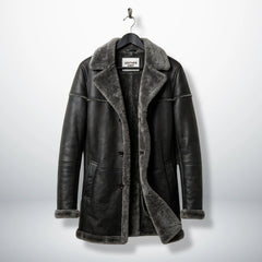 Front view of men’s grey shearling leather parka coat by Leather Unit