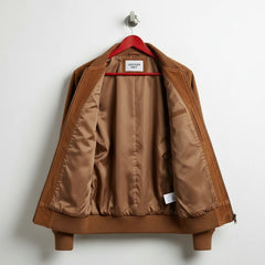 Interior tan lining of men's mocha suede leather bomber jacket