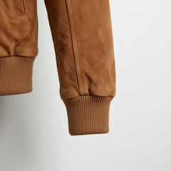 Ribbed cuff detail on men's mocha suede leather bomber jacket