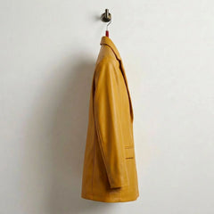 Side profile of longline mustard yellow leather blazer for women