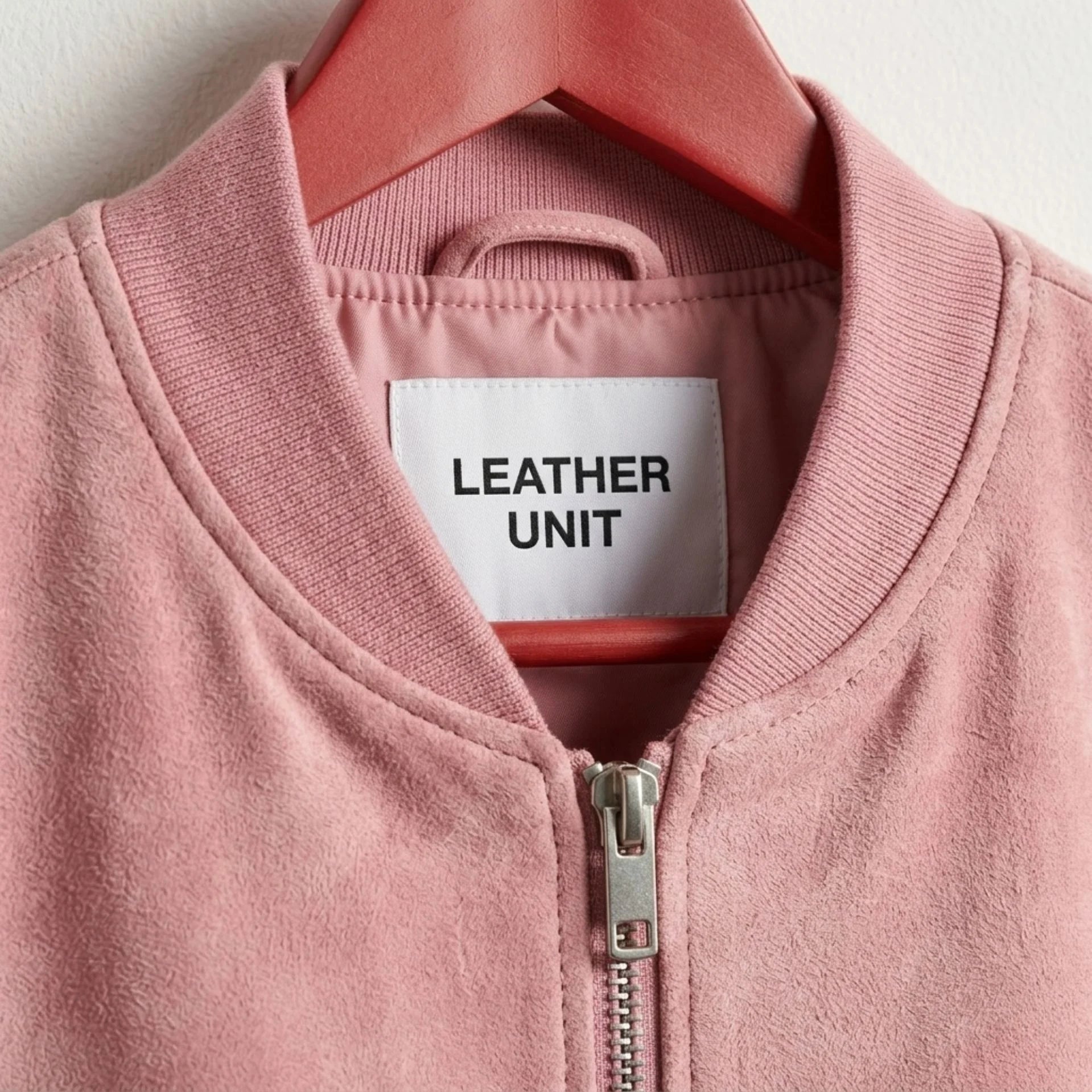 Close-up of ribbed collar and front zipper on pink suede leather bomber jacket