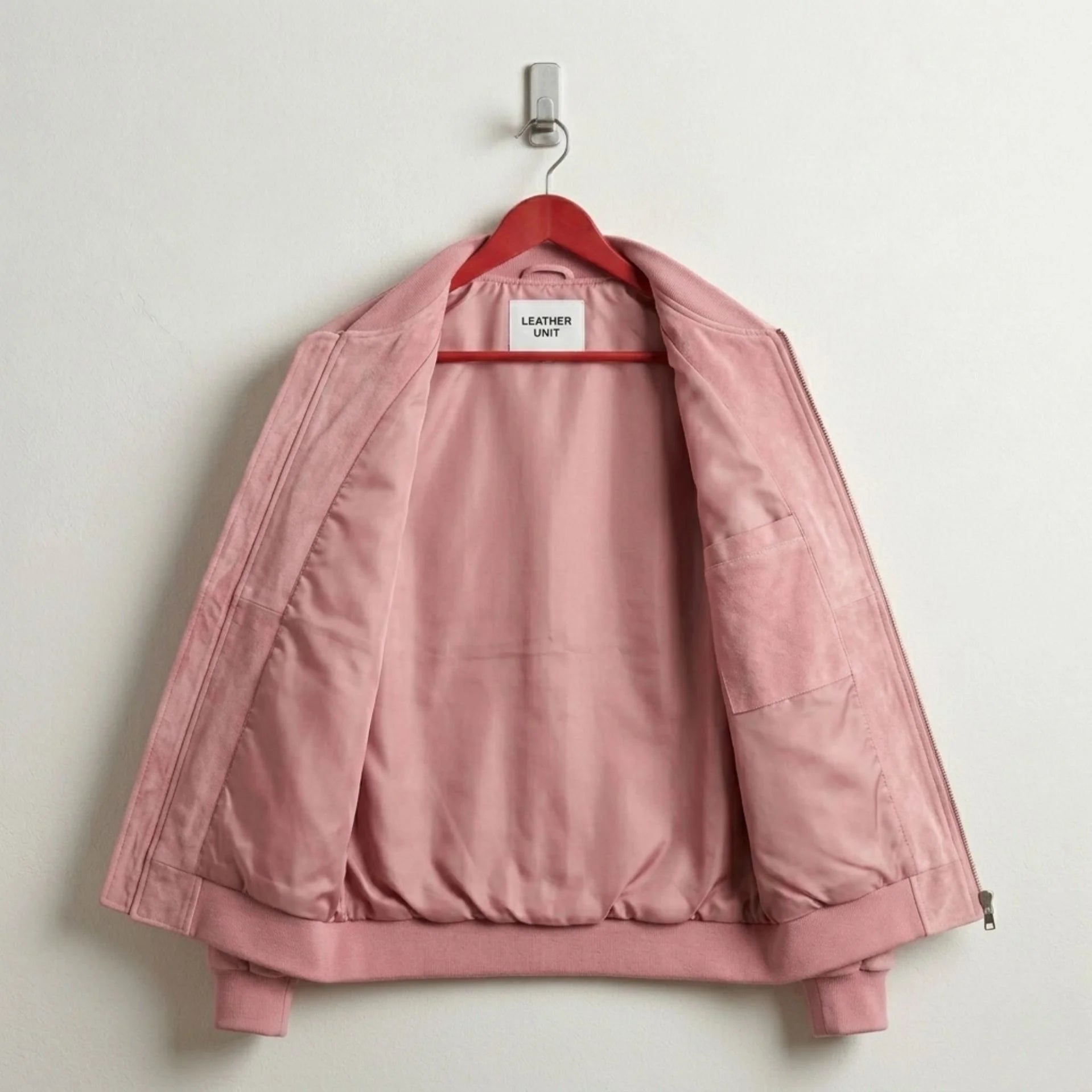 Interior pink lining of unisex pink suede leather bomber jacket
