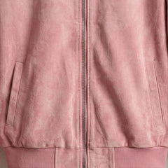 Front welt pockets and zipper detail on pink suede leather bomber jacket