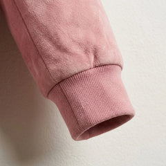 Ribbed cuff detail on pink suede leather bomber jacket